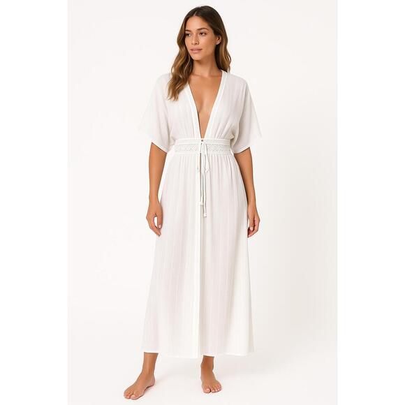Breezy White Kaftan Beach Swim Coverup Beachy Coastal Chic Luxury Resortwear OS - Picture 1 of 16